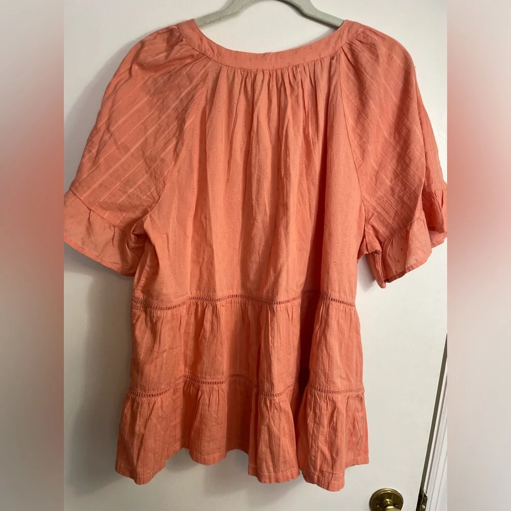 NWT Wonderly Rally June Button-Down 100% Cotton Short Sleeve Top in Peach Sz 1x